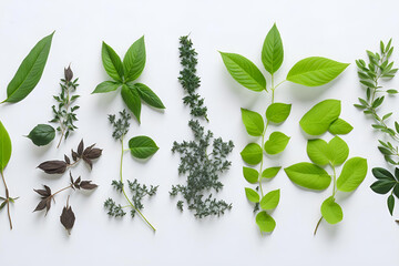 various herbal leaves on neutral background - 597584269