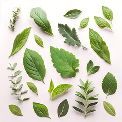 various herbal leaves on neutral background - 597584288