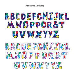 Patterned Filled, Angular Alphabet, Doodle Lettering, Capitals,  Children's Design, Novelty, Letter set, Primary Colors, Black and White,  Typography, font