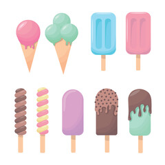 Ice cream collection of summer delicious in flat style. 9 tasty colorful sundaes. Vector illustration on a white background.