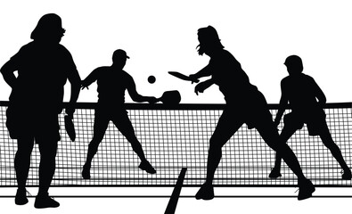 Pickleball player playing together in the court silhouette design on the white background.