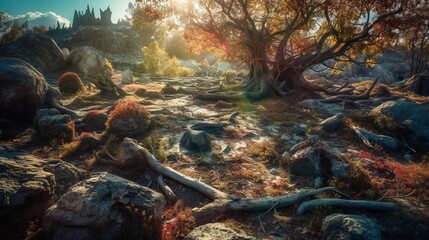 Fototapeta na wymiar Capturing Nature's Fury: Stunning Photoshoot With Sony A9 & 35mm Lens of Shattered Landscape, Waterfalls, Mountains & Autumn Foliage, Generative ai