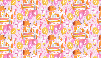 Seamless pattern with cute dog and cat at the birthday party. Cheerful background with balloons, cake, candles and presents. 