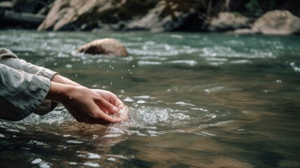 A female hand touching the river water. Generative ai