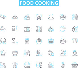Food cooking linear icons set. Saut?ing, Grilling, Baking, Frying, Roasting, Braising, Boiling line vector and concept signs. Simmering,Stir-fry,Steaming outline illustrations
