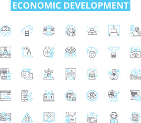 Economic development linear icons set. Innovation, Growth, Investment, Sustainability, Productivity, Progress, Prosperity line vector and concept signs. Employment,Inclusion,Infrastructure outline