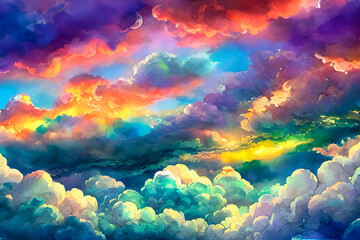 Unrivaled mixed media acrylic and watercolor painted cumulus and stratocumulus clouds in rich vibrant colors , Generative AI