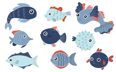 Abstract flat sea fish. Various tropical marine and ocean fish with minimalistic pattern, marine collection of different kids fishes illustration. Vector cartoon underwater fauna isolated set