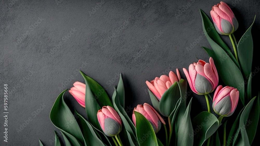 Poster tulips in pink and gray serve as a decorative border. blank vertical copy space generative ai