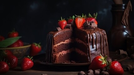 Fototapeta na wymiar Chocolate cake with strawberry. Generative ai