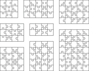 Illustration of eight different white puzzles, separate pieces