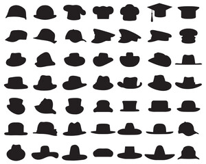 Black silhouettes of various caps and hats on a white background	 - obrazy, fototapety, plakaty