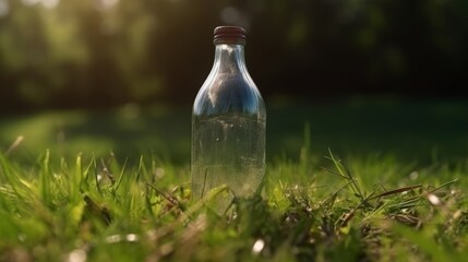 Plastic bottle of fresh water on ground in forest. Generative ai