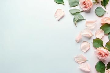 Flat lay with flowers, roses, minimalistic and serene. Perfect for illustrations or weddings.