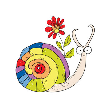 Rainbow Snail with Flower illustration. Design for decor, textile,  fabric, cards, banners, icons, posters.