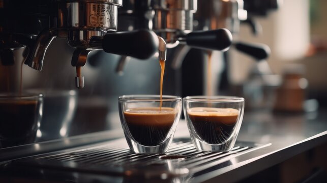 Espresso coffee machine brewing two shots in white cup. Generative ai