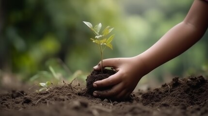 Obraz premium Hand child holding the small tree for planting. Generative ai