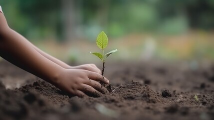 Hand child holding the small tree for planting. Generative ai