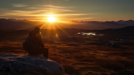Hiker enjoying midnight sun during arctic summer. Generative ai
