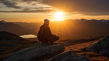 Fototapeta na wymiar Hiker enjoying midnight sun during arctic summer. Generative ai