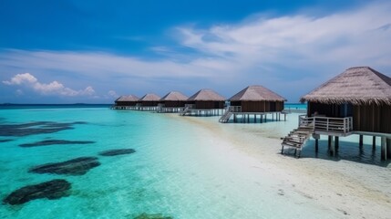 Over water villas and white sand beach on tropical isl. Generative ai