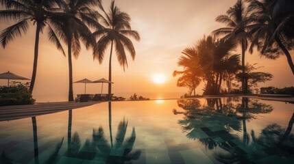 Obraz na płótnie Canvas Palm trees and swimming pool at tropical resort beach. Generative ai