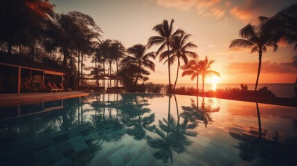 Palm trees and swimming pool at tropical resort beach. Generative ai