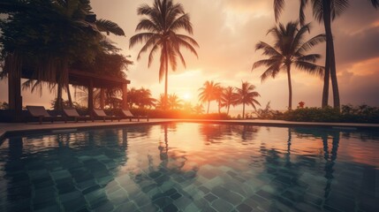 Fototapeta na wymiar Palm trees and swimming pool at tropical resort beach. Generative ai