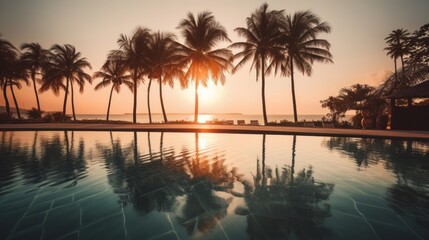 Obraz premium Palm trees and swimming pool at tropical resort beach. Generative ai