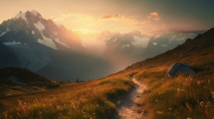 Fototapeta na wymiar Panoramic view of Mont Blanc mountain in the Alps sun. Generative ai
