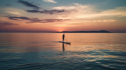 Person stand up paddle boarding dusk quiet sea sunset . Generative ai