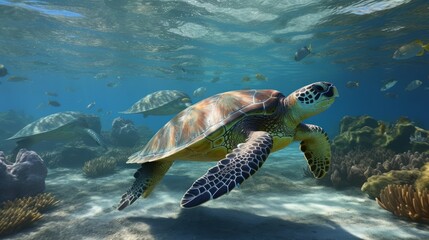 Obraz premium Calm sea turtle swimming amongst the coral reefs just under the surface, sunlight breaking through the waves - Generative AI