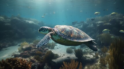 Obraz na płótnie Canvas Calm sea turtle swimming amongst the coral reefs just under the surface, sunlight breaking through the waves - Generative AI