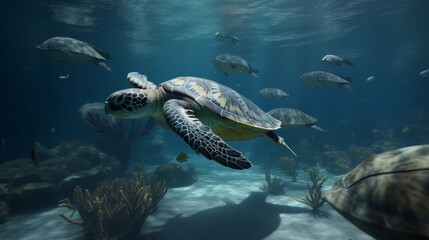 Fototapeta na wymiar Calm sea turtle swimming amongst the coral reefs just under the surface, sunlight breaking through the waves - Generative AI