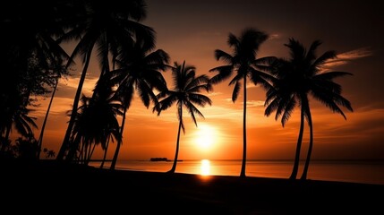 Obraz na płótnie Canvas Silhouette coconut palm trees on beach at sunset. Generative ai