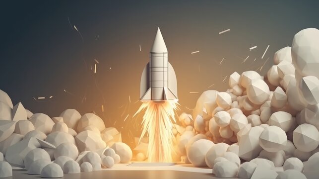 Rocket launching into sky in quiling paper style. Generative ai