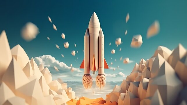 Rocket launching into sky in quiling paper style. Generative ai