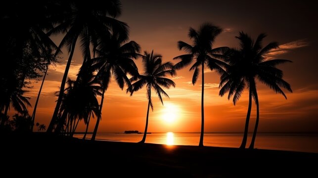 Silhouette coconut palm trees on beach at sunset. Generative ai