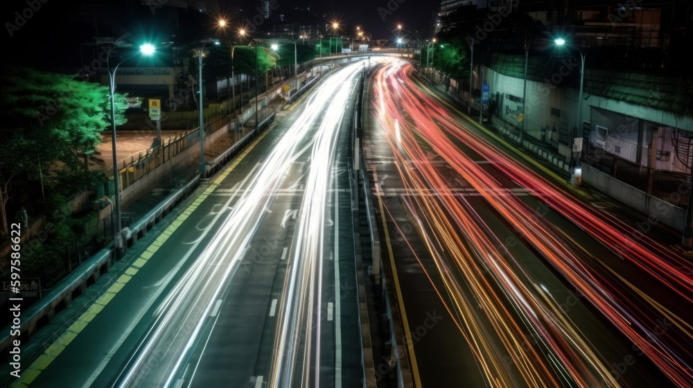 Poster transportation at night with commuting vehicle traffic. generative ai