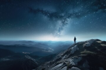 person stand on top of mountain against stars Generative AI