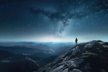 Foto op Plexiglas person stand on top of mountain against stars Generative AI © sean