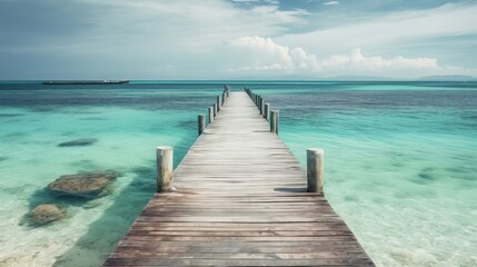 Fototapeta premium Tropical beach landscape with wooden pier above trans. Generative ai