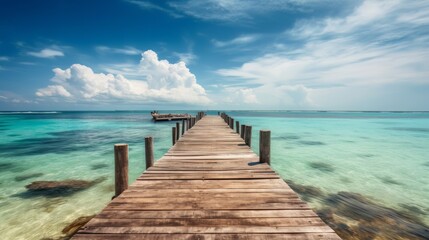 Tropical beach landscape with wooden pier above trans. Generative ai