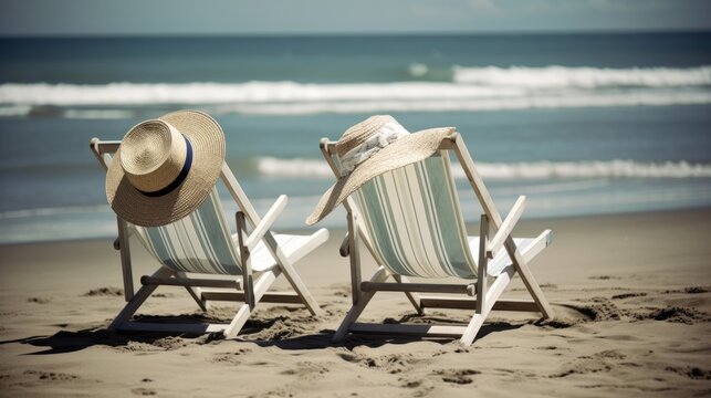 Two deck chairs and hat relaxing on the beach sunny. Generative ai