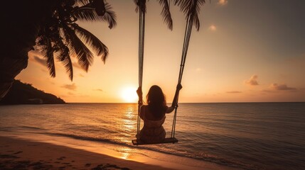 Woman relaxing on swing tropical paradise beach at sun. Generative ai