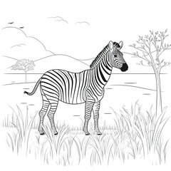 Fototapeta na wymiar Kids coloring page of a zebra in the grassland that is blank and downloadable for them to complete. Hand drawn zebra outline illustration. Doodle outline realistic illustration. Creative AI