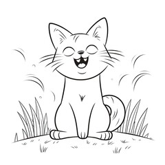 Obraz premium Kids coloring page of a cat on the grass that is blank and downloadable for them to complete. Hand drawn cat outline illustration. Animal Doodle outline realistic illustration. Creative AI