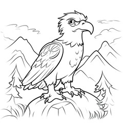 Kids coloring page of an eagle on the hill that is blank and downloadable for them to complete. Hand drawn eagle outline illustration. Animal doodle outline realistic illustration. Creative AI