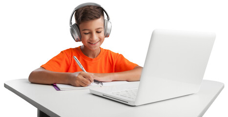 Child self doing homework at the home with a laptop