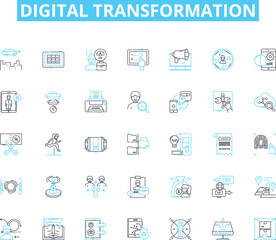Digital transformation linear icons set. Disruption, Innovation, Agility, Connectivity, Automation, Integration, Optimization line vector and concept signs. Flexibility,Empowerment,Digitalization